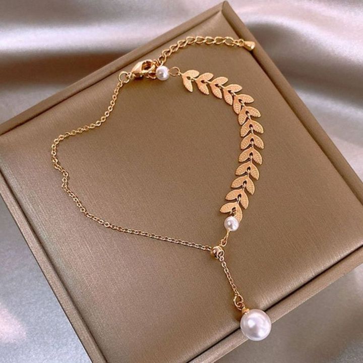 Trendy Fashionable Pearl Leaf Chain Golden Bracelets for Girls Charm Jewelry - Bracelet for Women Simple Fashion New Collection