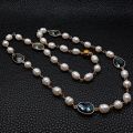 KKGEM 8x10mm natural White Rice freshwater Pearl Rosary Chain Faceted Pear labradorite Bezel Set sweater chain Wrap Necklace 28.
