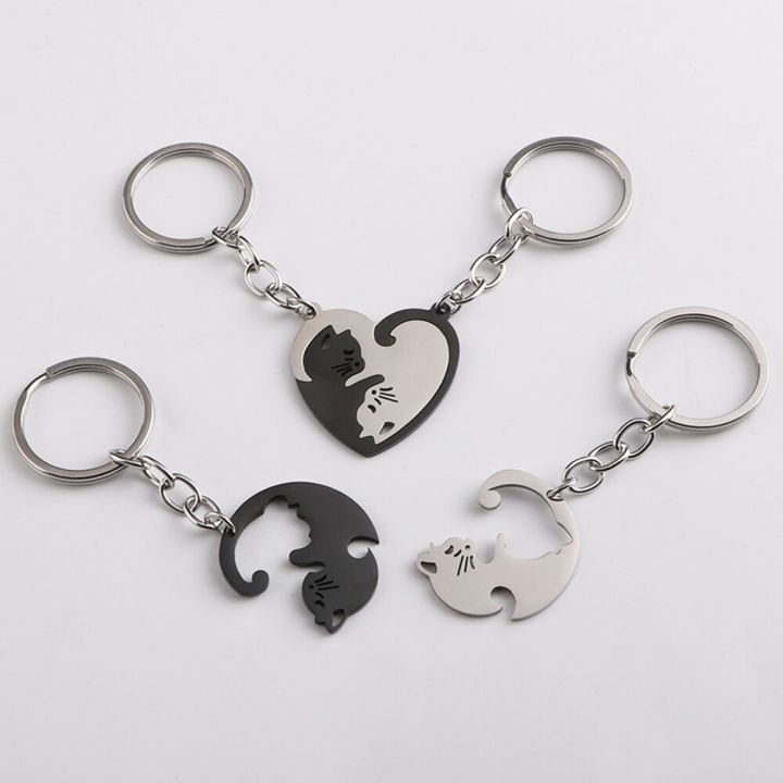2Pcs Puzzle Cat Keychain Couple Lover Animal Matching Keyring Pendants Valentine's Day Gift Stainless Steel Love Heart Key Chain