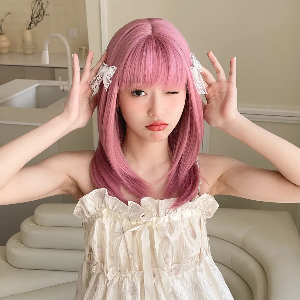 Pink Cheap Colored Wigs Medium Length Pink Layered Synthetic Wigs