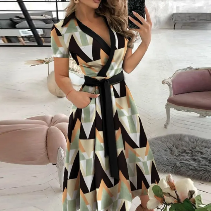 2021%20New%20Women%20Elegant%20V-Neck%20Midi%20Dresses%20Short%20Sleeve%20Lace%20Up%20Female%20Print%20Dress%20Summer%20Office%20Ladies%20Casual%20Chic%20Vestidos%20-%20Image%203