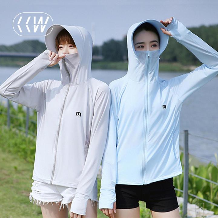 Women Sun Protection Hooded Jacket With Face Mask Long Sleeve Cooling Hoodies Icy Silk Full Zipper Fishing Shirts 2XL