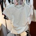 European and American Solid Color Shoulder T T-shirt Short-Sleeved Women's Summer Slim-Fit Chic Short Waist Easy Matching Waisted Gray Top.