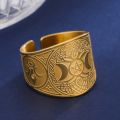Dawapara Triple Moon Goddess Ring Pentagram Pentacle Stainless Steel Ring Pagan Magic Amulet Tree of Life Wiccan Jewelry.