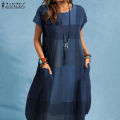 ZANZEA Women Short Sleeve Round Neck Plaid T-Shirt Dress Summer Beach Midi Dresses.