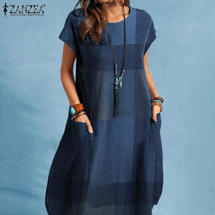 ZANZEA%20Women%20Short%20Sleeve%20Round%20Neck%20Plaid%20T-Shirt%20Dress%20Summer%20Beach%20Midi%20Dresses%20-%20Image%202