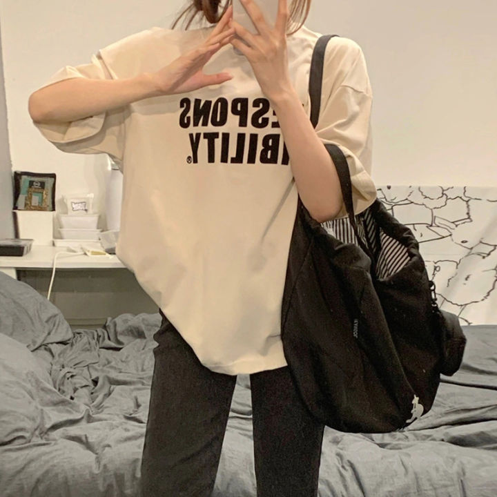 Pure Cotton American Vintage Letter Print Short Sleeve T T-shirt Women's Summer New Loose Leisure All-Matching Half Sleeve Shirt Fashion