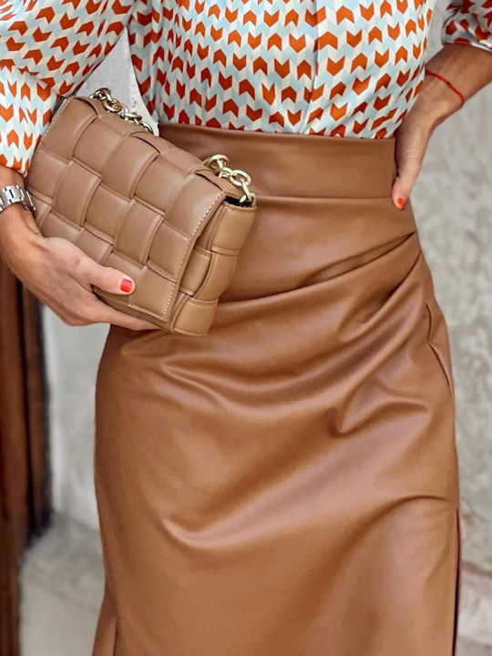 Spring Summer Elegant Ladies Office Skirts Casual Women PU Leather Midi Pencil Skirt Solid Side Slit Slim Vintage Brown Skirts