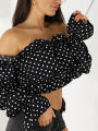 Candy Color Off Shoulder Crop Tops women Summer dot print lantern sleeve shirts Lady Slash neck beach blouse.