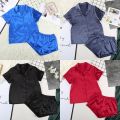 Women Sleepwear Summer Pajama Set Pink Turn Down Collar Faux Silk Satin Blue Short Sleeve Casual Female Pijama Home Wear Shorts. 