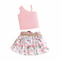 GC Baby Girls Outfits Ruffle Off Shoulder Crop Tops Floral Print Shorts Skirt Set Toddler Summer Clothes.