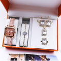 Ladies 6PCS Wristwatch and Jewelry Accessories Simple and Trendy Quartz Women's Watch Girls Waterproof Leather Strap Watches.