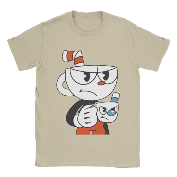 Amazing Cuphead And Mugman Angry T-Shirts for Men Pure Cotton T Shirt Cartoon Short Sleeve Tee Shirt Gift Idea Clothes