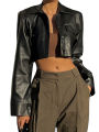 Women Crop Leather Jacket Solid Color Casual Long Sleeve Button Down Jacket Fall Outwear. 