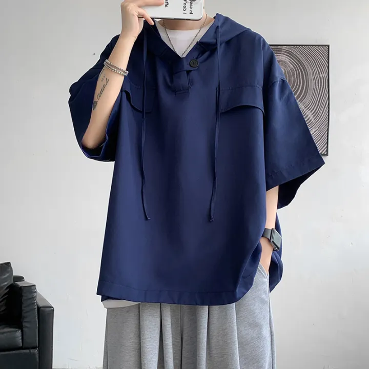 5%20Colors%20Summer%20Hooded%20T%20shirt%20Men%20Korean%20Half%20Sleeve%20Pullover%20Streetwear%20Loose%20T-shirt%20Tops%20Drawstring%20Men%20Clothing%205XL-M%20-%20Image%205