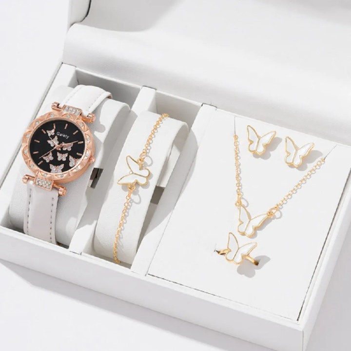 New Fashionable Leather Belt Butterfly Watch & Butterfly Jewelry Sets For Women Gift Item With BOX