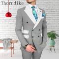Thorndike High Quality Grey Men's Business Double Breasted Solid Color Suit Coat / Male Slim Wedding 2 Pcs Blazers Jacket Pant.