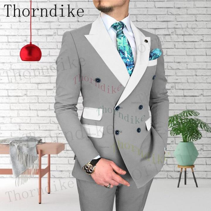 Thorndike High Quality Grey Men's Business Double Breasted Solid Color Suit Coat / Male Slim Wedding 2 Pcs Blazers Jacket Pant