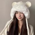 Winter Ushanka Women's Red Cute Bear Ears Plush Thickened Braid Knitted Hat Ear Protection Woolen Yarn Bag Cap. 