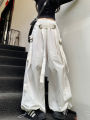 American White Spicy Girl Workwear Pants Women'S Design Sense Drawstring Pockets Loose Fitting Wide Leg Casual Pants. 