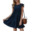 Women's Dress Solid Color Round Neck Short Sleeve Casual Cake Skirt Pleated Large Swing Skirt. 