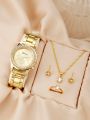 Luxury Women's Watch Set: 5pcs Fashion Alloy Strap Quartz Wristwatch with Rhinestone Bracelet for Ladies and Girls.
