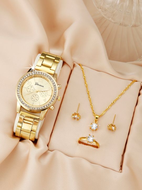 Luxury Women's Watch Set: 5pcs Fashion Alloy Strap Quartz Wristwatch with Rhinestone Bracelet for Ladies and Girls