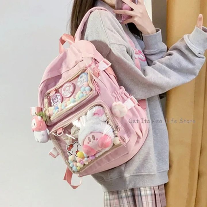 New Girls Large School Pink Ita Backpack with Two Clear Pockets for Pin Display Women Big Kawaii Ita Bag with Insert Plate H221