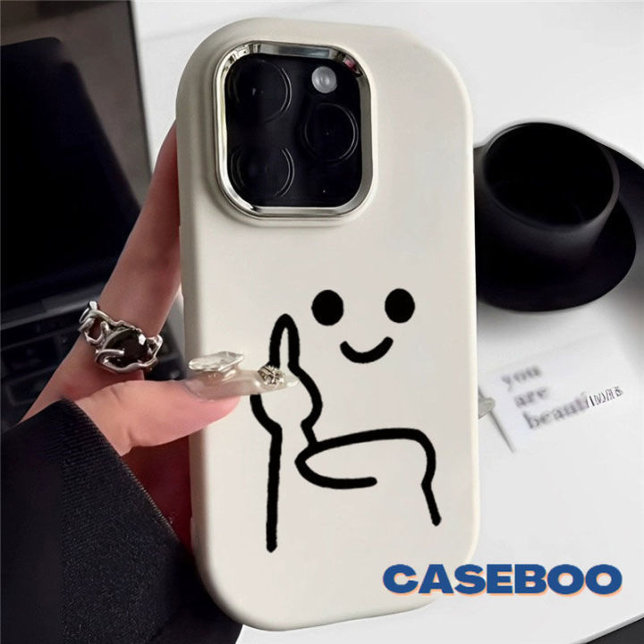 Simple Cartoon Line Expression Phone Case Compatible for IPhone 7Plus 11 14 15 13 12 Pro Max XR 7 8 Plus XS Max X Creative Cute Couples Electroplate Plating Metal Lens Soft Cover