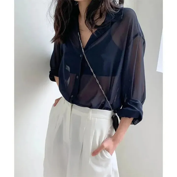 Women%20See-through%20Blouse%20Summer%20Mesh%20Transparent%20White%20T-Shirts%20Long%20Sleeve%20Casual%20Tops%20Y2k%20Korean%20Fashion%20Button%20Cardigan%20-%20Image%205