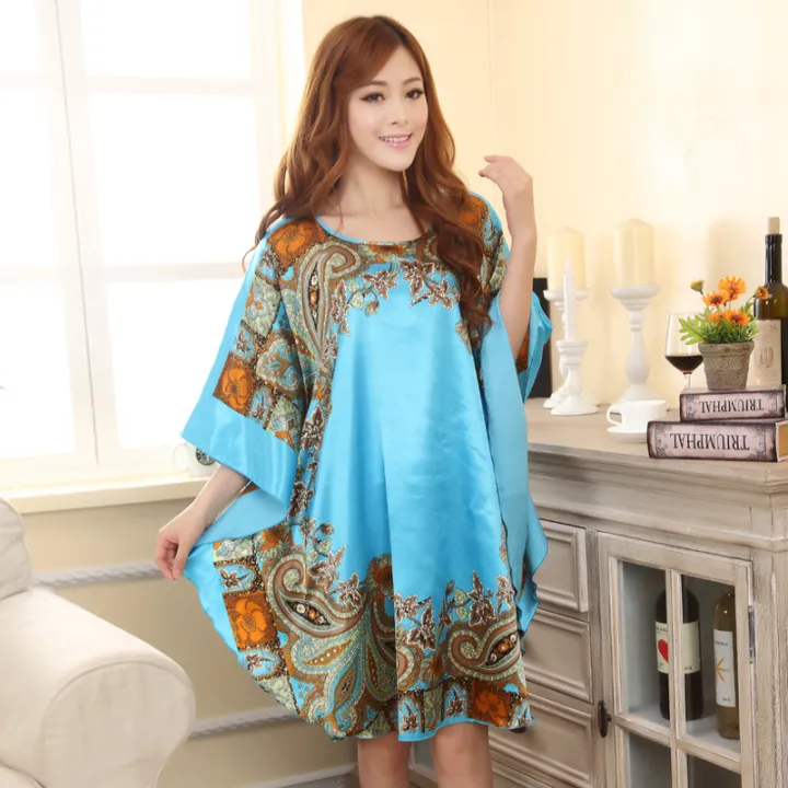 Summer%20New%20Light%20Blue%20Chinese%20Style%20Silk%20Rayon%20Robe%20Women's%20Loose%20Home%20Dress%20Vintage%20Kaftan%20Bath%20Gown%20Pajamas%20Z02%20House%20Foocus%20-%20Image%202
