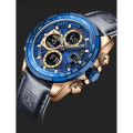 NAVIFORCE NF9197 Navy Blue PU Leather Dual Time Watch For Men - RoseGold & Navy Blue. 