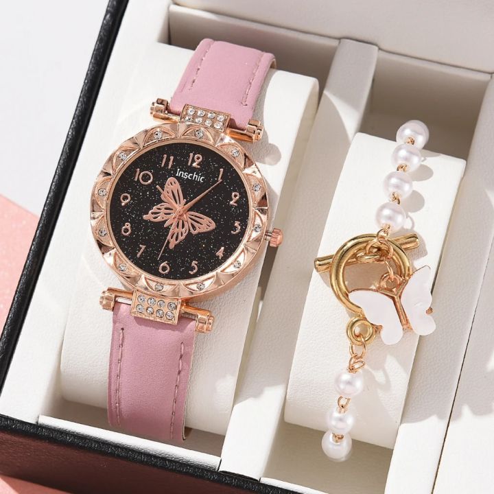 Gorgeous Women's Quartz Watch & Bracelet Set - Unique Diamond Starry Sky Dial Watches for Girls Luxury Stylish Wristwatch