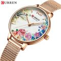 CURREN Women Quartz Watches Elegant Charming Wristwatch for Ladies Stianless Steel Mesh Band Flower Clock Female. 