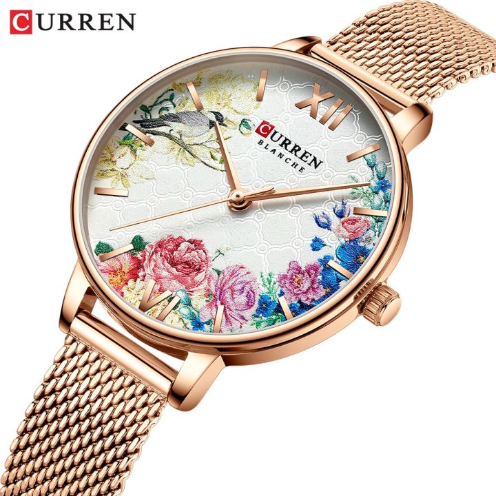 CURREN Women Quartz Watches Elegant Charming Wristwatch for Ladies Stianless Steel Mesh Band Flower Clock Female