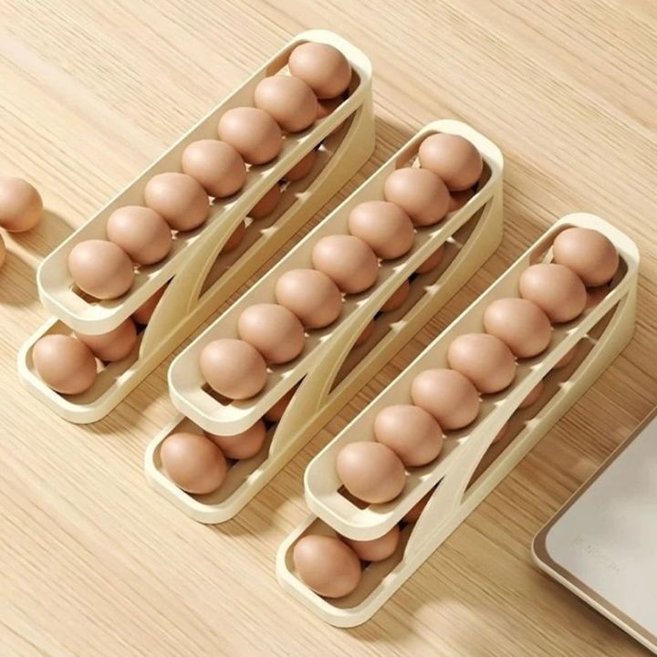 Automatic Roll-Down Double-Layer Egg Organizer, Automatic Scrolling Egg Dispenser Holder