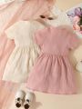 Kid’s Young Girl Comfortable Casual Solid Color Round Neck Short Sleeve Pleated Shirt Dress, Suitable for Children’s Elegant Dress.