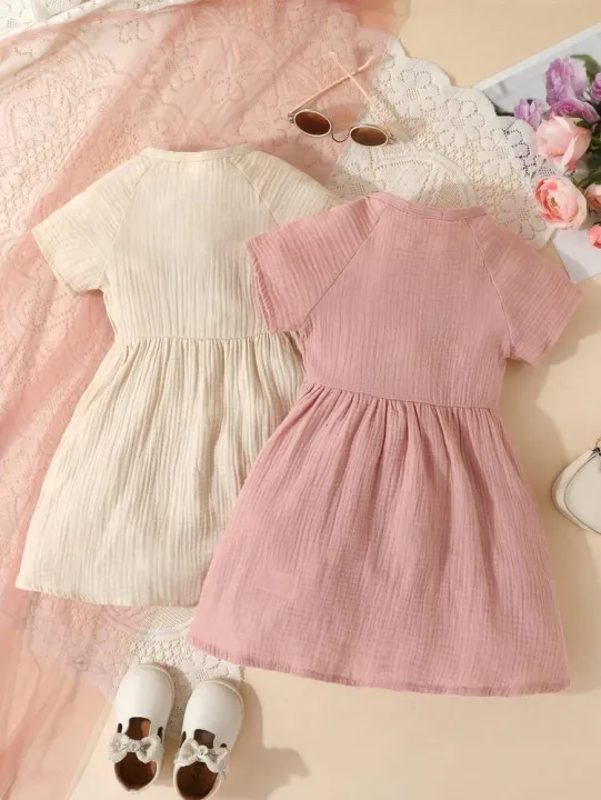 Kid%E2%80%99s%20Young%20Girl%20Comfortable%20Casual%20Solid%20Color%20Round%20Neck%20Short%20Sleeve%20Pleated%20Shirt%20Dress,%20Suitable%20for%20Children%E2%80%99s%20Elegant%20Dress%20-%20Image%205