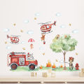Cartoon A GrouCartoon Animal Fireman Helicopter Fire Truck Wall Stickers for Kids Room Bedroom Nursery Decoration Wall Decals.