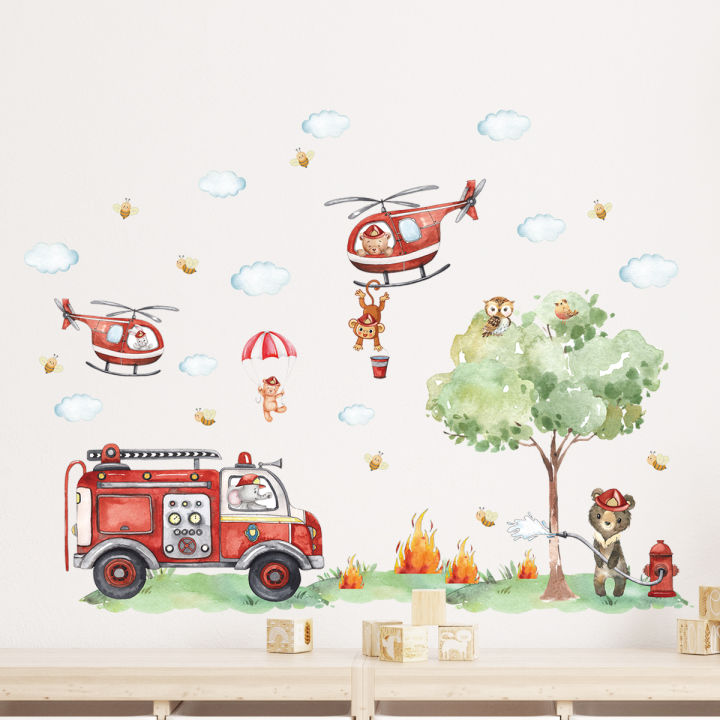 Cartoon%20A%20GrouCartoon%20Animal%20Fireman%20Helicopter%20Fire%20Truck%20Wall%20Stickers%20for%20Kids%20Room%20Bedroom%20Nursery%20Decoration%20Wall%20Decals%20-%20Image%203