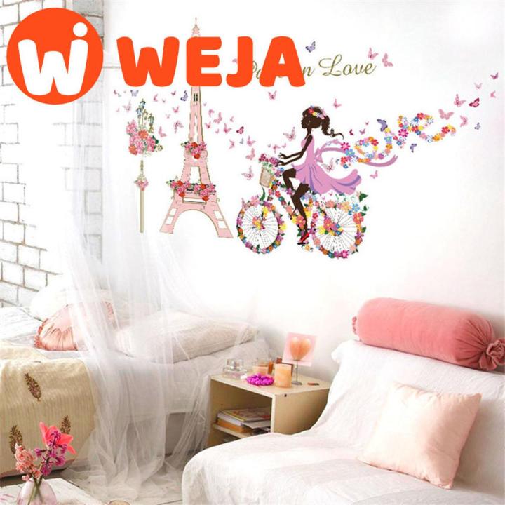 Romantic Paris Wall Sticker For Kids Rooms Eiffel Tower Flower Butterfly Fairy Girl Riding Wall Art Decal Home Decor Mural