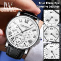 LouisWill Men's Quartz Watch With True Leather Watch Strap True Three Eyes Wristwatch True Eye Six Stitches Multi-functional Sports Watch Luxurious Waterproof Calendar Watch. 