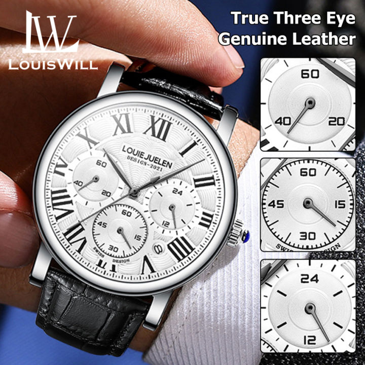 LouisWill Men's Quartz Watch With True Leather Watch Strap True Three Eyes Wristwatch True Eye Six Stitches Multi-functional Sports Watch Luxurious Waterproof Calendar Watch