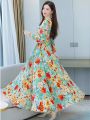 2023 Beach Floral Chiffon Midi Dress Women Luxury Elegant Spring Summer Korean Fashion Casual Bodycon Party Evening Long Dresses. 