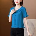 Summer New Peter Pan Collar Fashion Trendy Small Shirt Shirt Temperament Waist-Controlled Short-Sleeved Shirt Women's Chiffon Shirt Fashion.