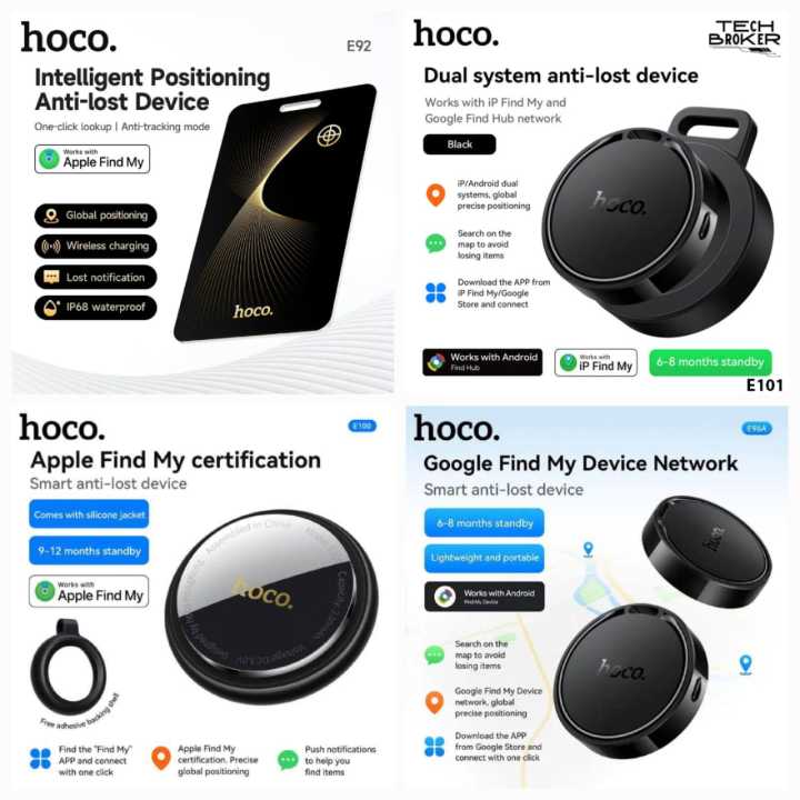 HOCO E96A/E93A/E100/E91/E91J/E101 Anti-Lost Smart Tag Locator Supports Google Find My Phone/Apple Find My Precise Position Tracker for Keys Pets Luggage Cars Replaceable Battery Up o 8 Months Backup Android/iOS Supported Smart Tracker