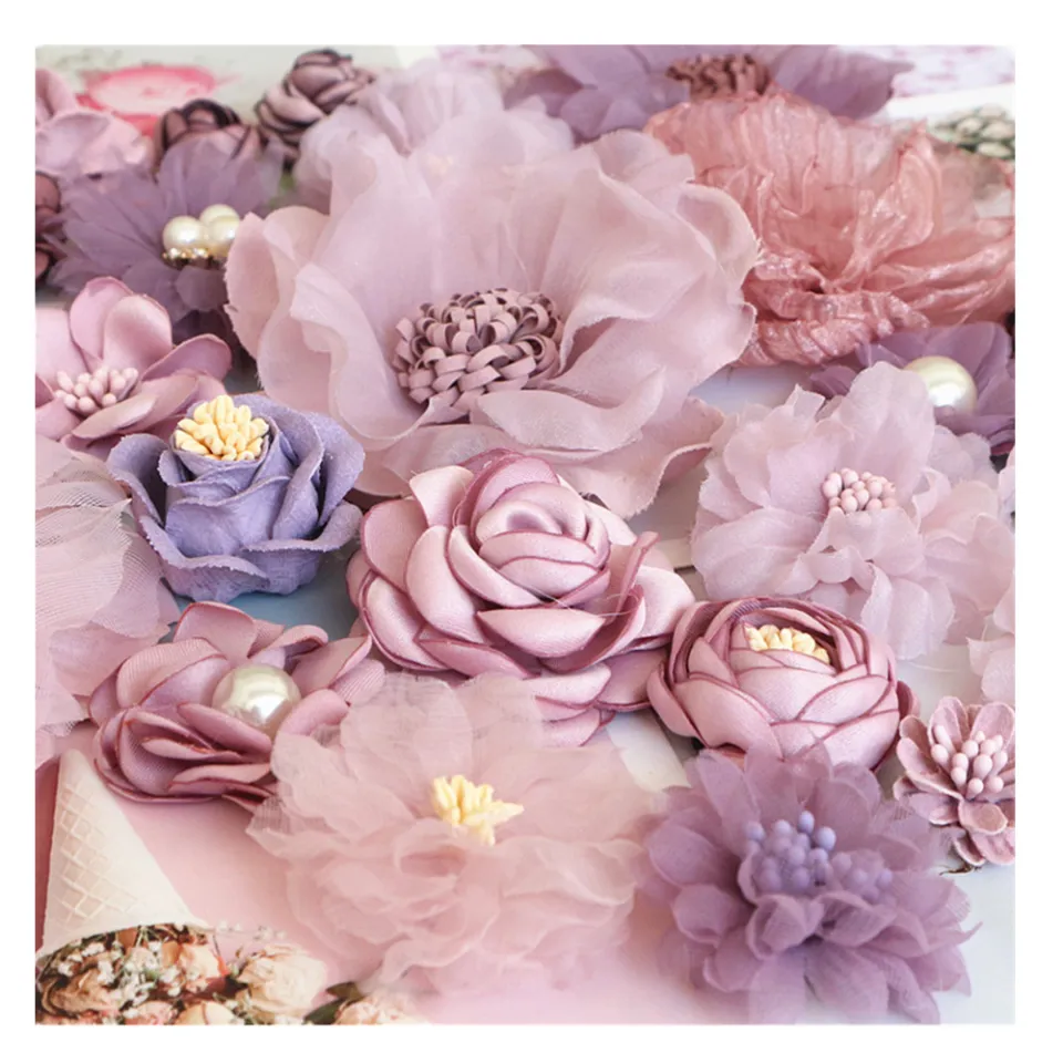 10Pcs Purple Series Satin Chiffon Fabric Artificial Flowers For Wedding  Dress Clothing Hats Decoration Headdress Headband Flower