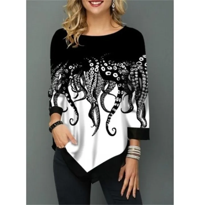 Spring%20Summer%20Irregular%20Print%203/4%20Sleeve%20T-Shirts%20Women%20Clothing%20Fashion%20Casual%20Tops%20Plus%20Size%20Loose%20Pullovers%20Tee%20Shirt%20Femme%20-%20Image%205
