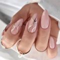 24Pcs Short Round Head False Nails Glitter Pink Almond Nails French Full Cover Press on Nails Wearable Nail Tips Manicure.
