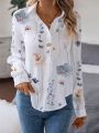2024 Summer Flower Printed Long Sleeved T-Shirt Women Loose Elegant Tops Office Lady Vacation Beach Casual Sweet Blouse. 